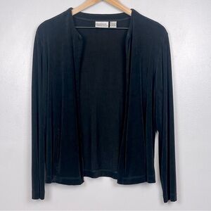 Chico’s Travelers black slinky knit open front cardigan, size medium.
